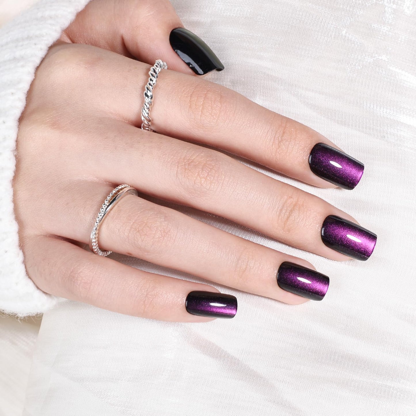 Purple Cat Eye Press On Nails - Short Square Purple Nails Press Ons for Women Fake Nails with Glue, Glossy Reusable Glue on Nail in 16 Sizes - 32pcs