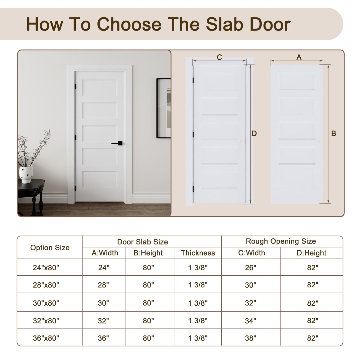 JUBEST 36"x80" Right-Hand Prehung Interior Door with Knock Down Jamb Kit & Matte Black Hinges, 5-Panel White Primed Hollow Core Molded Door Slab with Bore & Hinge Cutout, Durable & Sturdy, No Handle