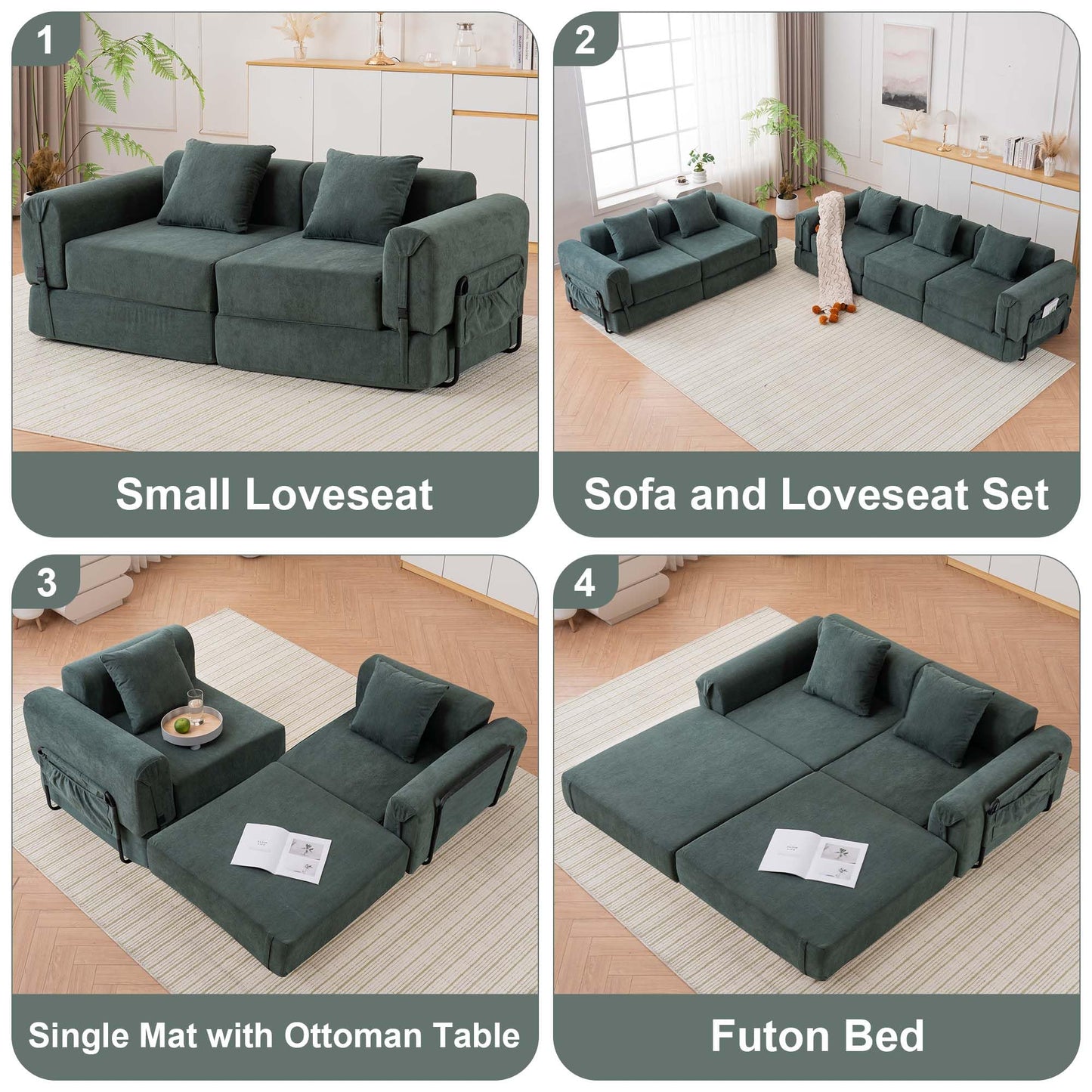 ILCQU Cloud Modular Sectional Sofa, Foldable Floor Couch Bed, Convertible Sleeper Sofa Bed, Fold Out Boneless Couches for Living Room, Office, Guest Room, Apartment (Loveseat, Green)