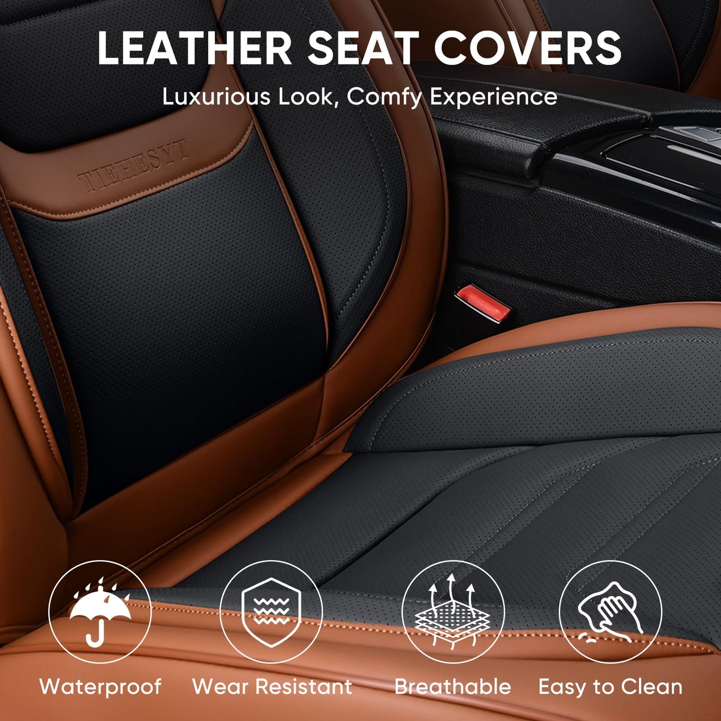 TIEHESYT Leather Car Seat Covers Full Set with Lumbar Support, Waterproof Car Seat Cover, Universal Seat Covers for Cars, Trucks, SUVs, Sedans, Airbag Compatible, Front Pair and Rear, Brown&Black