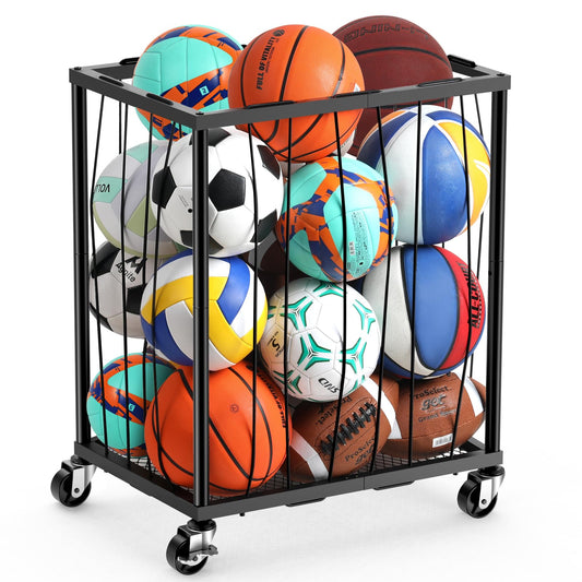 TomCare Garage Ball Rolling Storage Rack Large Capacity Basketball Holder with Elastic Rope [Hold 12-15 Balls][Easy to Take] Garage Sports Equipment Organizer cart with Wheels for Home, Outdoor Use