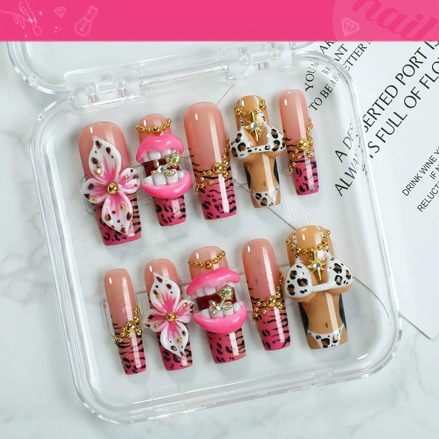 Handmade Press on Nails Long Square Fake Nails Leopard Print French Tip False Nails with Charms Pink 3D Lips Designs Acrylic Press Ons Luxury Reusable Glue on Nail for Women DIY 10Pcs (Size M)
