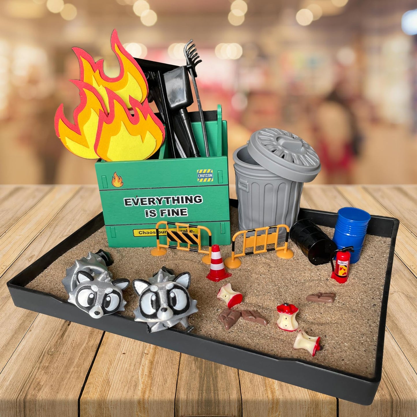 Threeheng Dumpster Fire Zen Garden Desk Set - Trash Can & Raccoon Figurines Sand Tray Therapy Kit, Stress Relief Accessories for Office Gifts