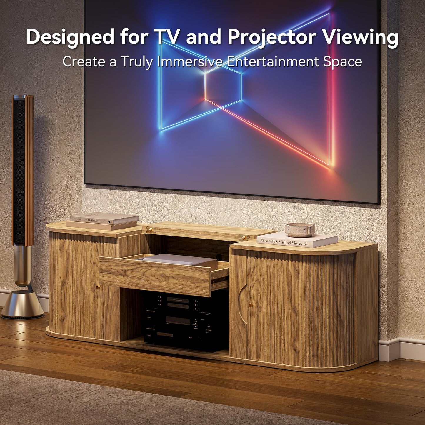 LITTLE TREE 70-Inch TV Stand for Projector, Entertainment Center with Ample Storage, Mid-Century Modern Media Console for Living Room, Bedroom, Wooden Stand for Short Throw Projector, Walnut Brown