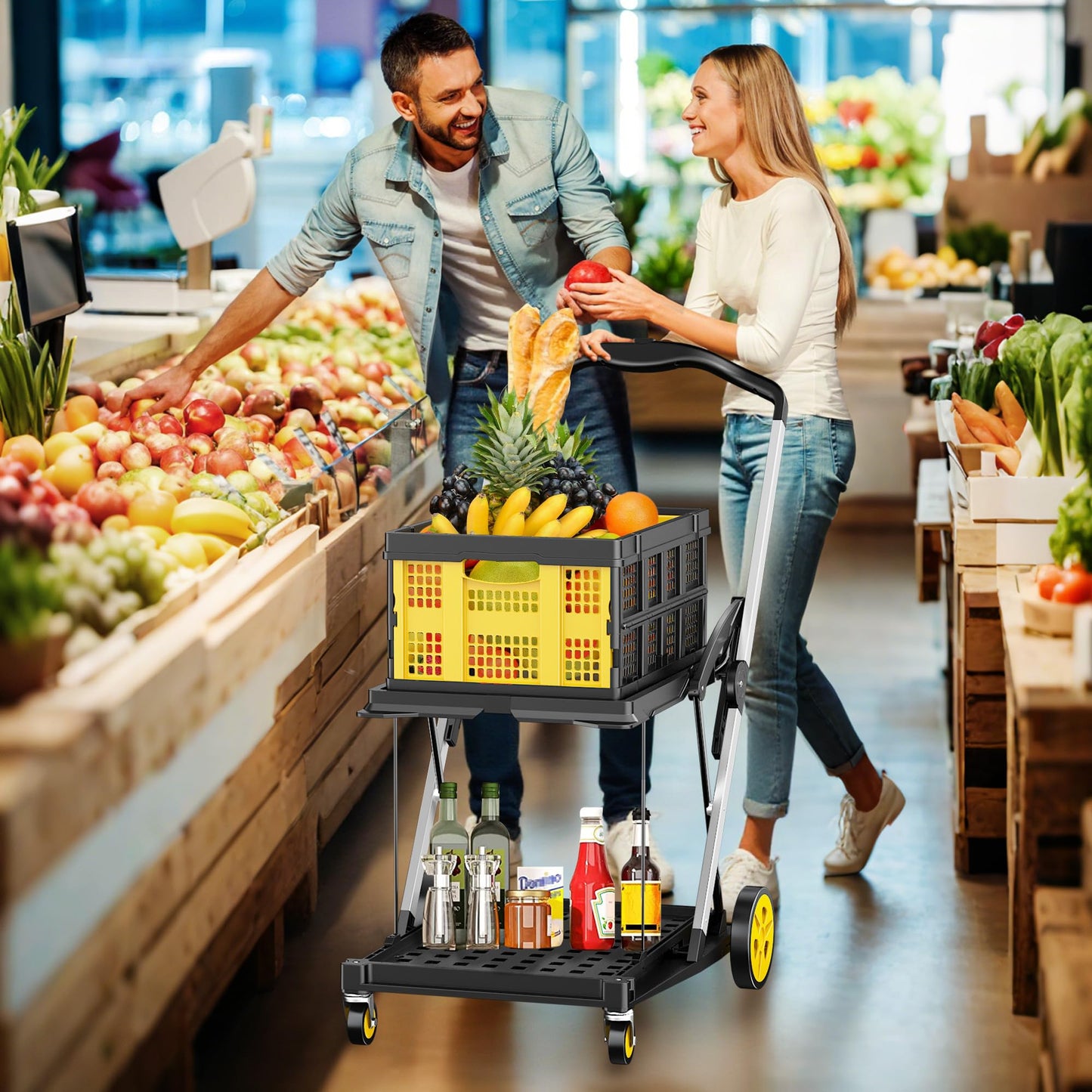 Collapsible Shopping Cart, 8-in-1 200LBS Multi Functional Utility Cart with 1 Storage Crate, Adjustable Handle Grocery Cart on Wheels for Shopping/Warehouse/Office/Supermarket - Yellow
