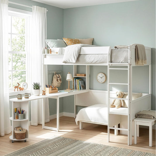 Merax Full Size Loft Bed with Extendable Desk and Lights, Wood Loft Bed Frame with Storage Shelves & Padded Foldable Sofa, Space-Saving Loft Bed for Teens Adults, Dorm Apartment, White