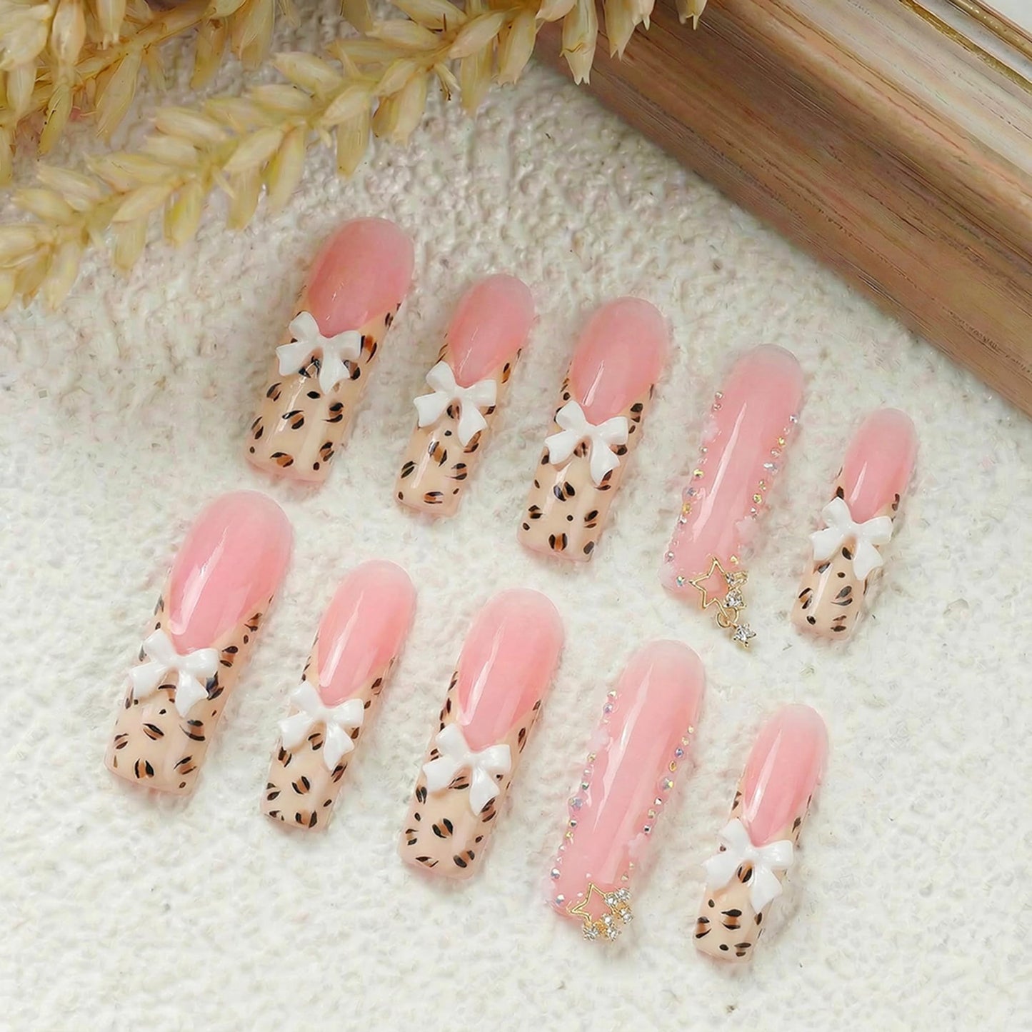 Extra Long Press on Nails Curved Handmade Square Fake Nails French Tip Artificial Nail with Bow and Leopard Designs False Nails Sparkly Pink Full Cover Stick on Nail for Women 10Pcs(Size M)