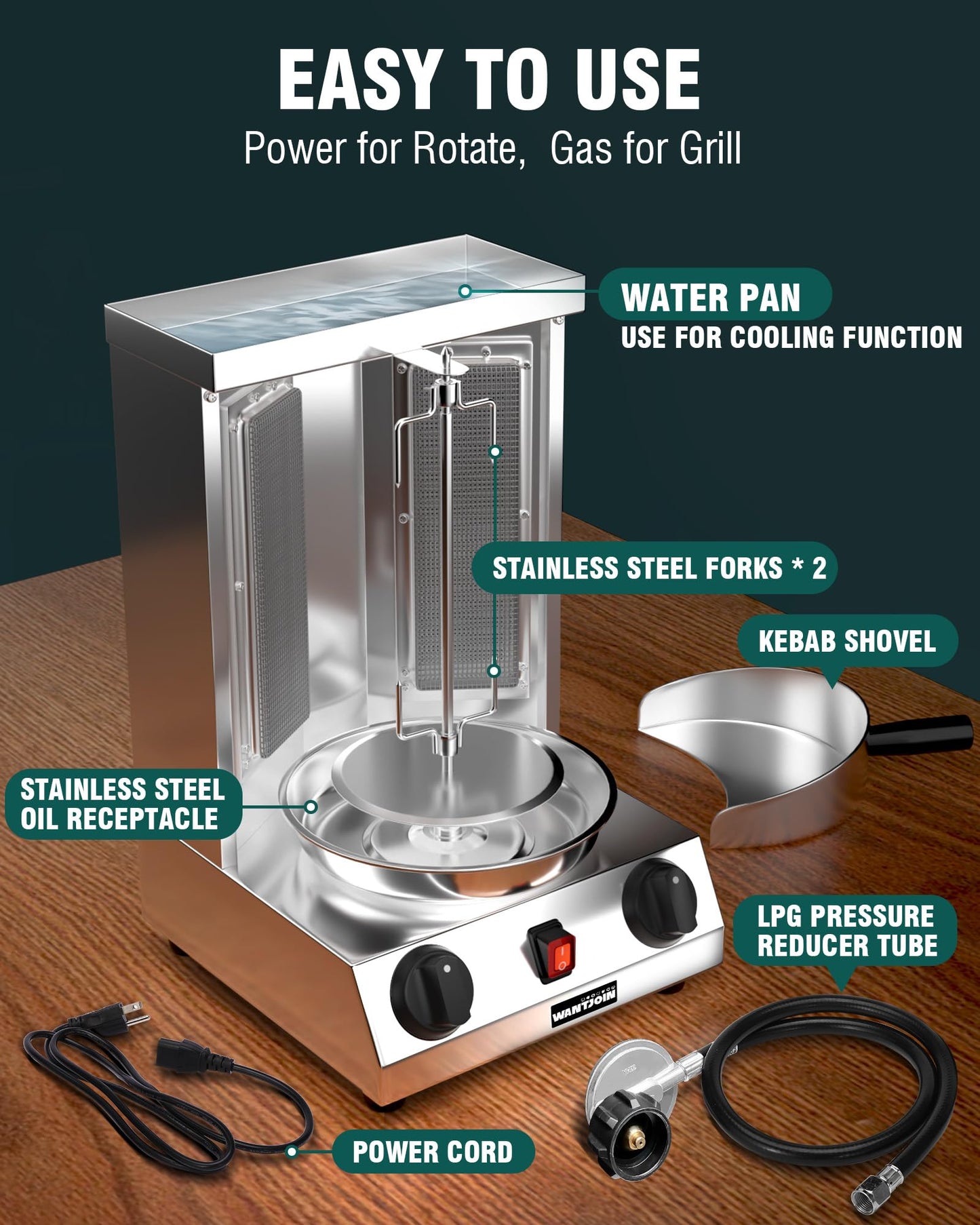 WantJoin Shawarma Grill Machine - Gas Vertical Rotisserie with 2 Burners for Home, Countertop Rotating Doner Kebab Oven Broiler Gyro Maker with Shovel, 11.6 x 11.8 x 19 inches, 110V