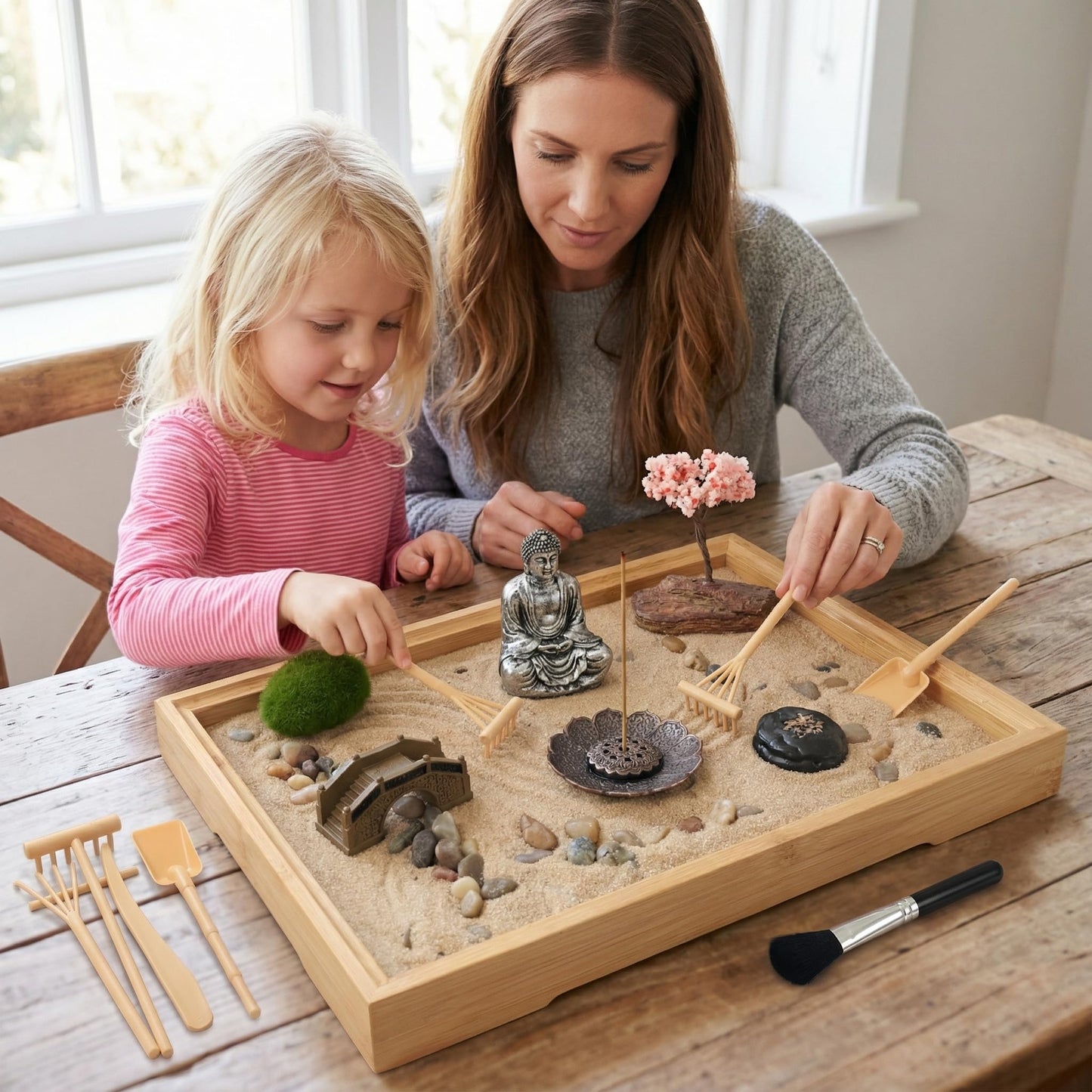 Zeckzoin Zen Sand Garden Kit for Desk with Incense Stick Holder 11"x7.5" 6 Tools, 16 Accessories