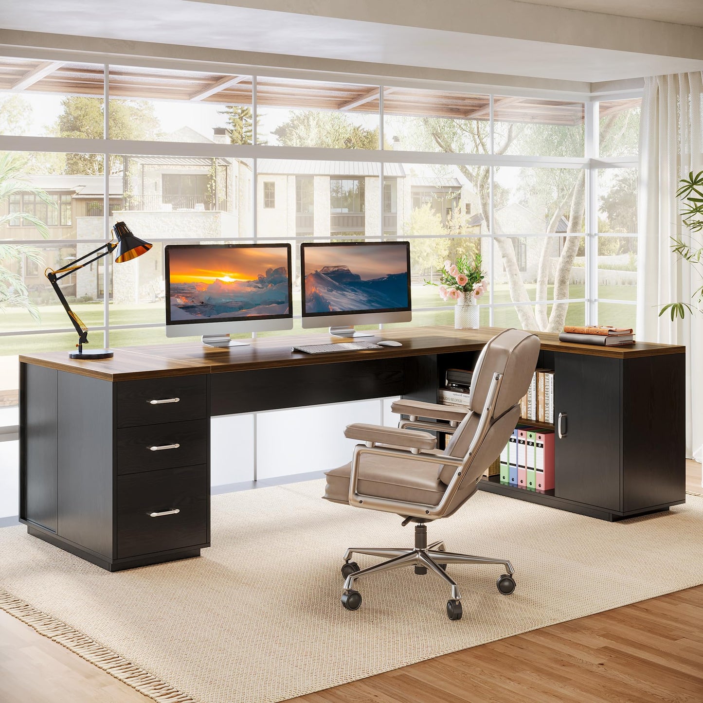 Tribesigns 85.8-Inch L-Shaped Executive Desk with File Drawers, Door Cabinet & Shelves, Extra Large Commercial Office Desk, Modern Professional Office Table, Business Furniture, Warm Brown & Black