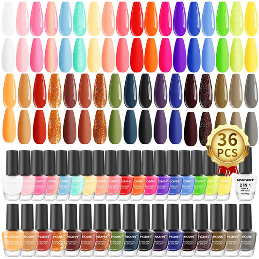Morovan Nail Polish Set Fingernail: 2026 Spring Summer Gift 36PC Glitter Bright Air Quick Dry Nail Polish Kit with 2-in-1 Base Top Coat Regular Pack Finger Nail Art DIY Home for Women Girls 0.18 FI oz