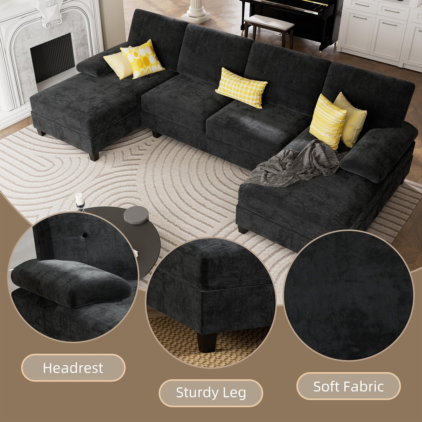 Shintenchi U-Shaped Sectional Couches for Living Room, 4 Seat Sofa with Double Chaise Lounges,Solid Wood Frame Sectional Sofa for Apartment,Black