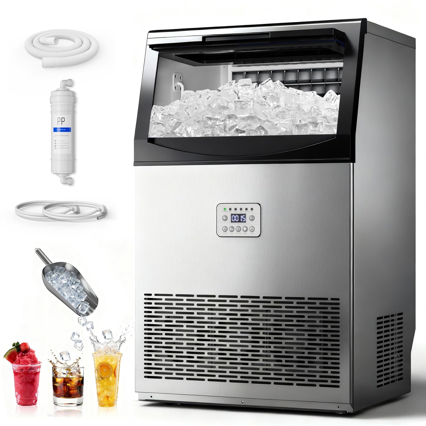 Manastin Commercial Ice Maker, 100lbs/24H Large Ice Machine with 33lbs Storage Capacity, Under Counter Ice Maker with Water Filter, for Home & Bar, Self-Cleaning, Timer, 50 Ice Cubes/15 Mins