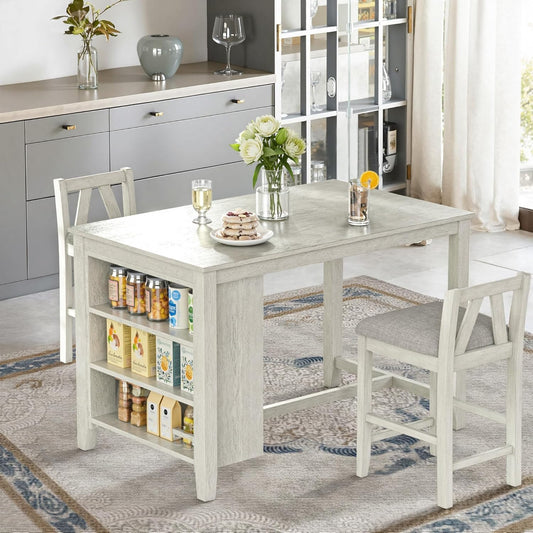 VECELO Solid Wood Dining Table Set with 2 Stools, 47'' Dining Table for 2 with Spacious Tabletop and Side Storage Shelves, for Kitchen Dining Room, Grey