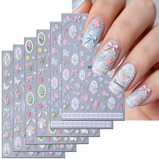 6 Sheets Flower Nail Art Stickers 3D Self -Adhesive Tulip Laces Nail Decals Holographic Colorful Floral Daisy Cute Bow Nails Stickers for Women Spring Summer Acrylic Nails Decoration Supplies