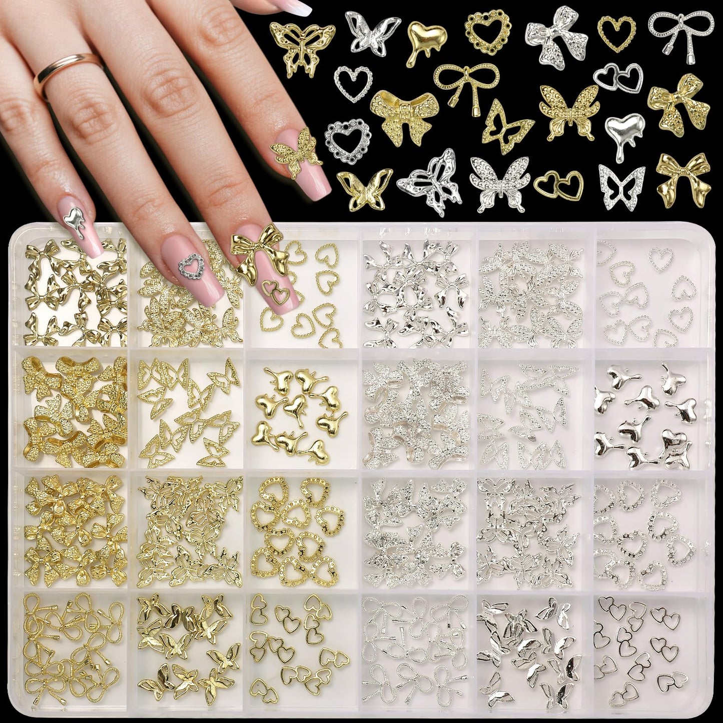 240 Pcs Alloy Gold Silver Nail Charms, Butterfly Heart Bow Gold Silver Nail Charms and Gems, 3D Y2K Metal Nails Jewels for DIY Nails Design Craft