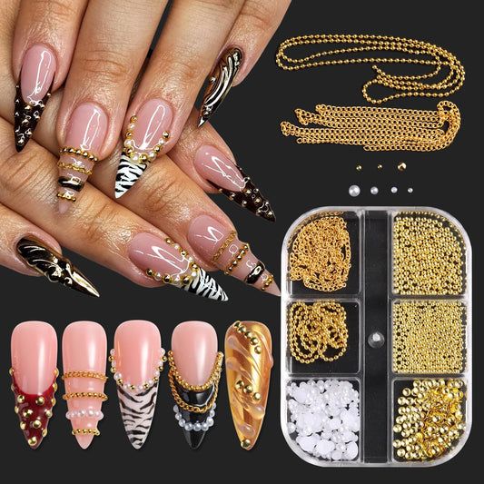 3D Metal Nail Art Chains and Mini Stainless Steel Beads Nail Charms, White Flatback Pearls Gold Caviar Beads Golden Chain Alloy Jewelry for Women Manicure Supplies DIY Crafts Decorations