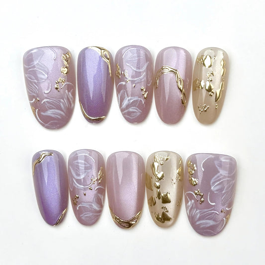 BABALAL Press On Nails, Short Almond Fake Nails, Purple Lavender, Cat Eye With Gold Foil Floral Design, Glossy Full Cover Glue On Nails For Women And Girls 24Pcs