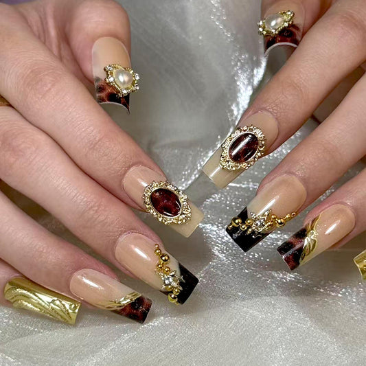 octoswave Press on Nails Medium Square Fake Nails 3D French Artificial Nail Leopard and Sparkly Gold Rhinestones Stick on Nail for Women 24pcs