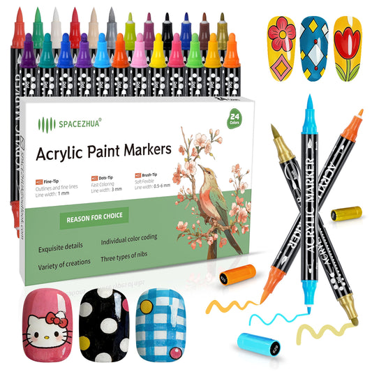 Nail Art Pens 24 Color Set Nail Polish Pens Marker, Acrylic Paint Markers with 3 Types of Pen Tips (0.5/1.0/3.0mm) Non-Toxic Quick-Drying Waterproof for Women DIY Nails Art Design Manicure Tools