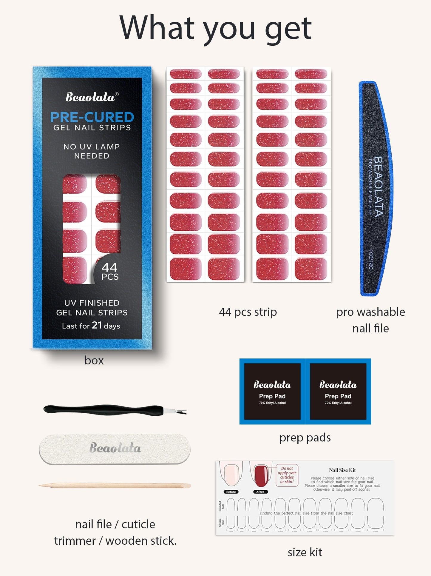 Beaolata Real Gel Nail Strips (No UV Light Needed) - 44Pcs Salon Quality Nail Stickers - Long Lasting Polish Wraps for Women, Easy Apply & Remove (Pink Glimmer Pop)