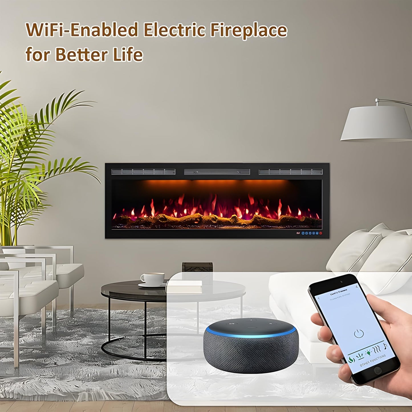 Mystflame 50 Inch WiFi Electric Fireplace Heater, Recessed or Wall Mounted, Ultra‑Slim 5.51" Deep, 750/1500W, 12 Flame Colors & 12 Ember Bed Colors,Remote & App Control, Works with Alexa & Google Home