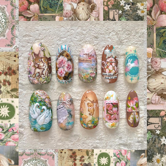 IMRAIN Press on Nails Medium Almond Fake Nails Glossy Acrylic False Nails Cute Full Cover Artificial Glue on Nails for Women Girls