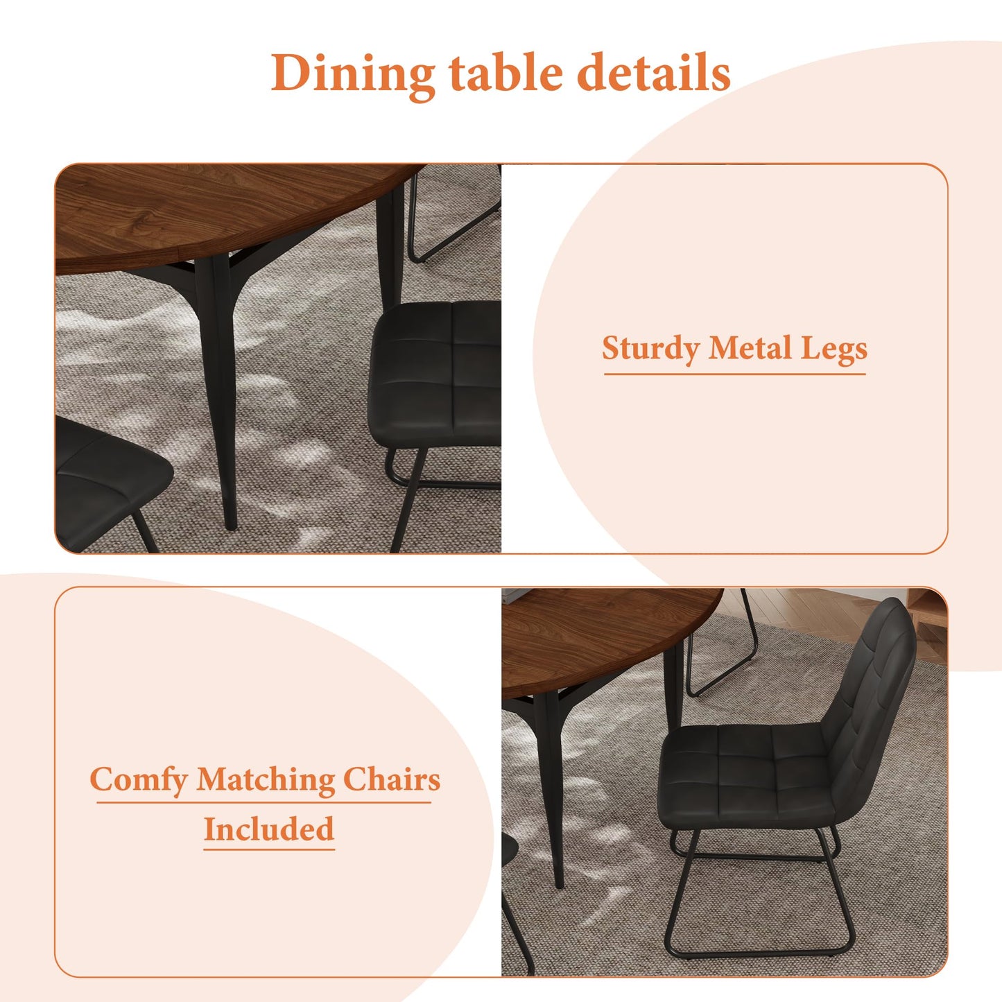 HIPIHOM Expandable Folding Dining Table Set, 55-Inch Round to Square Table with 6 Upholstered Chairs, Metal Frame, for Dining Room or Apartment (Round Table + 6 Black Modern Dining Chairs)