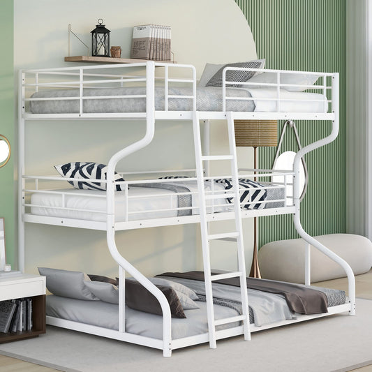 Merax Full XL Over Twin XL Over Queen Size Metal Triple Bunk Bed Frame with Ladder for Kids, Industrial Style Bunk Bed, Easy Assembly, No Box Spring Needed, for Kid's Room or Dormitory, White