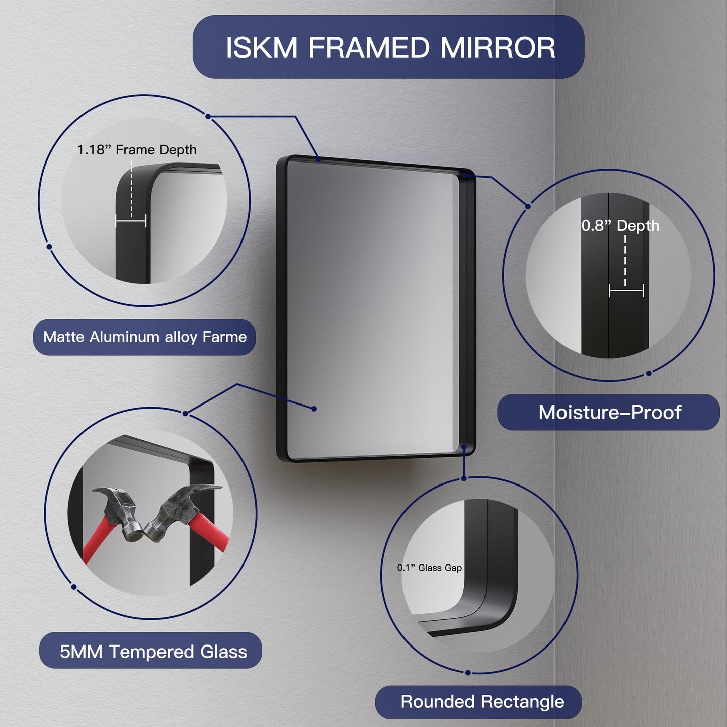 ISKM Metal Silver Frame Mirror - 48 x 36 Inch Stainless Steel Vanity Mirror for Bathroom, Non-Rusting Aluminum Alloy Matte Frame, Hangs Horizontal or Vertical