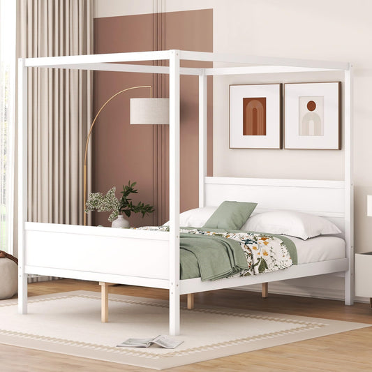 GDFStudio Queen Size Canopy Bed Frame, Wood Platform Canopy Bed Queen with Headboard and Footboard, Four Poster Canopy Bed Frame with Slat Support, No Box Spring Needed, Easy Assembly, White