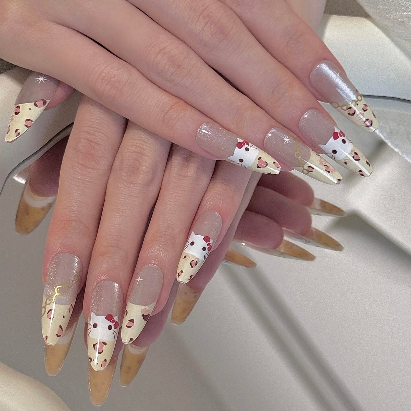 24 Pcs Fake Nails Almond Long Leopard Print Almond Press on Nails Long Nail Tips Acrylic Press on Nails Yellow Press on Nails Full Cover Nail Tips Cat Eye Press on Nails Y2k Nails for Girls