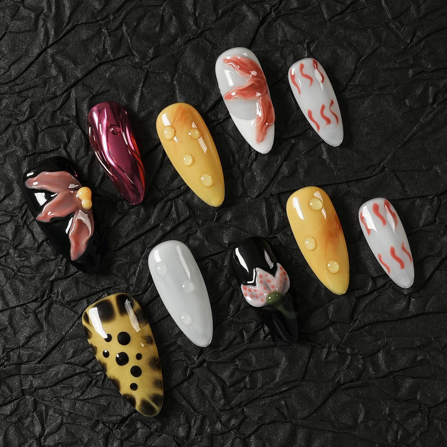 Tesytto Handmade Press on Nails with 3D Flower & Water Droplets - Luxury Multicolor Almond Fake Nails - Reusable Salon Quality Stick on Nails for Women (Bold Bloom & Dot Glam, M)