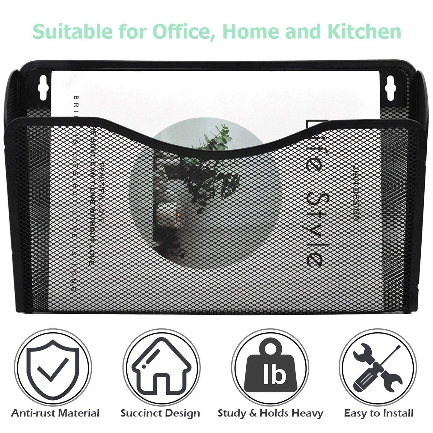 EASEPRES 3 Single Pocket Mesh Hanging File Organizer, Vertical Wall Mounted Magazine File Holder, Mount Basket Mail Paper Document Folder Organizing for Office, Home and School, Black