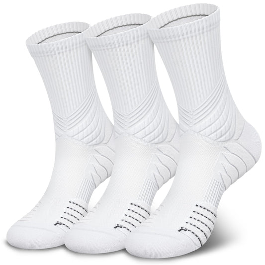 Hylaea Compression Running Socks for Men, Coolmax Anti-Blister Cushion Crew Socks for Athletic Basketball Tennis, Moisture Wicking & Seamless, Elite White Medium