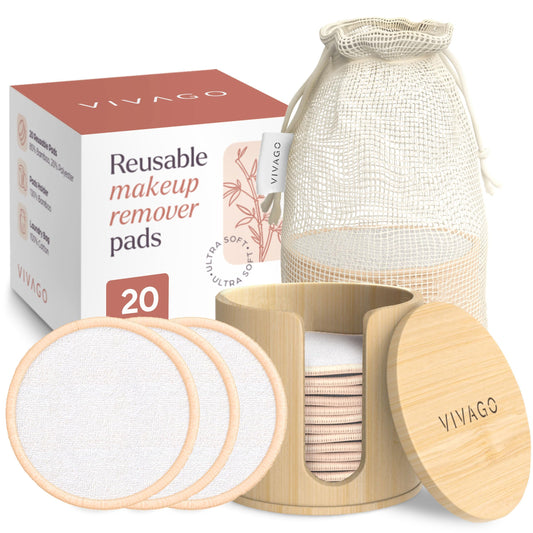 VIVAGO Reusable Cotton Rounds for Face - (20 Pack) Soft Reusable Makeup Remover Pads with Washable Drawstring Laundry Bag & Bamboo Holder - All Skin Type Skincare Set Facial Cleaning Cloth