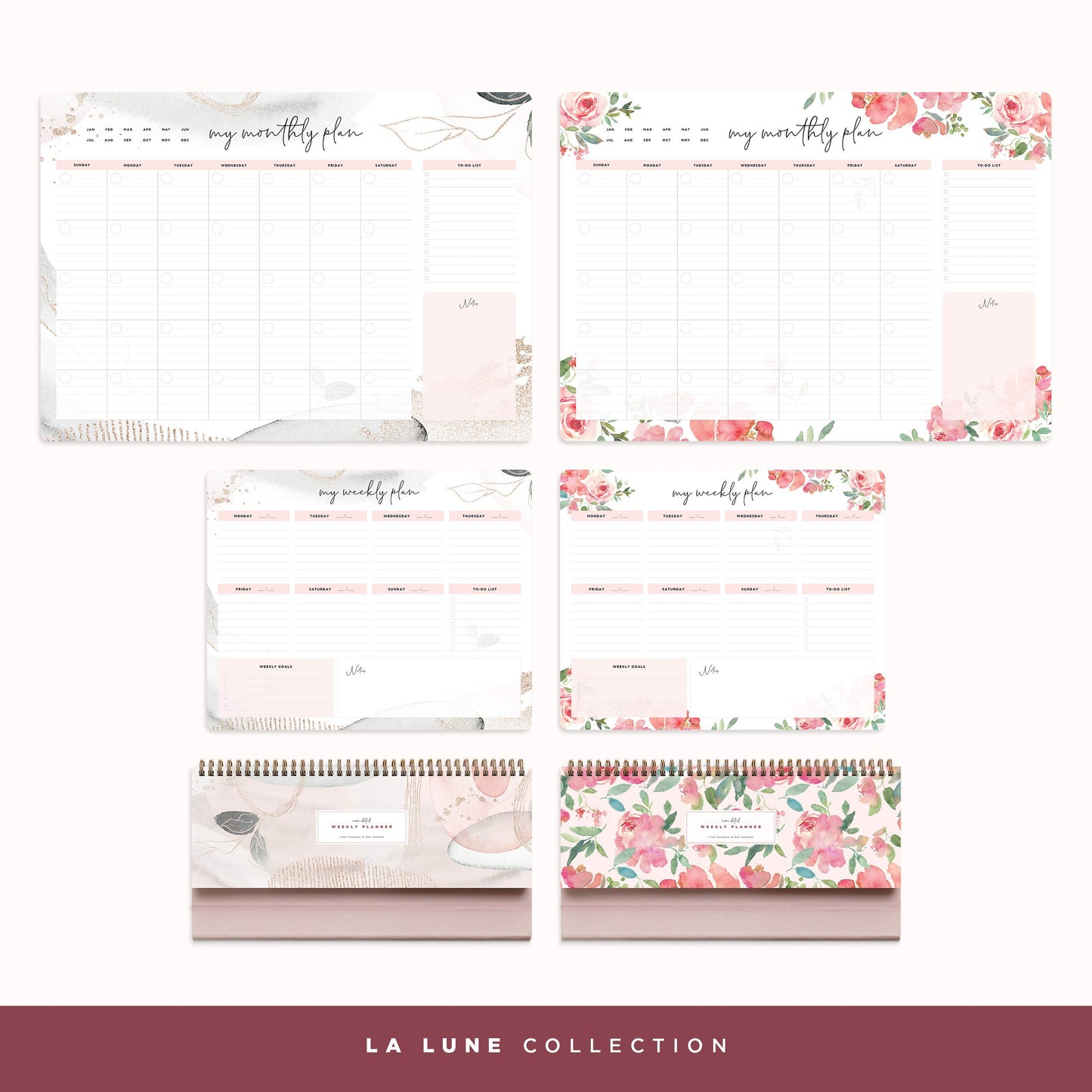 Belle Fleur Non-Dated Spiral Weekly Desk Calendar Planner, 60 Week Inspirational to Do List Pad Desktop Stand, 3.75" x 10.5", La Lune Collection by Bright Day