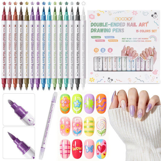 docolor 15 Colors Nail Art Pens, Double ended-Fine ＆Thick Tip Acrylic nail polish pens, Waterproof and Quick-drying for 3D nail design, Nail art markers for kids, beginner and nail artist