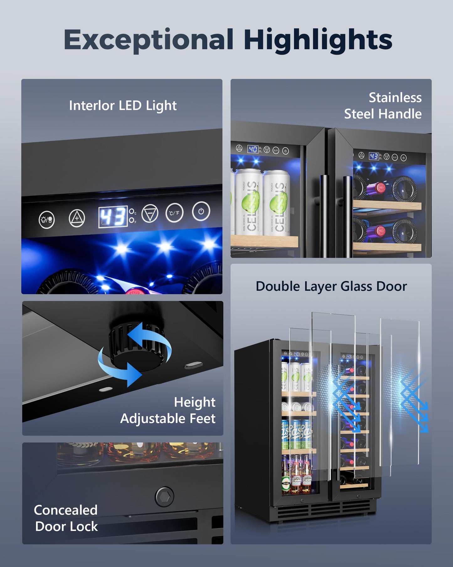 ICEVIVAL Wine and Beverage Refrigerator, 24 Inch Built-In Wine Fridge with Glass Door, Holds 20 Wine Bottles & 60 Cans, Under Counter Refrigerator with Quiet Cooling System & Blue LED Light(Black)