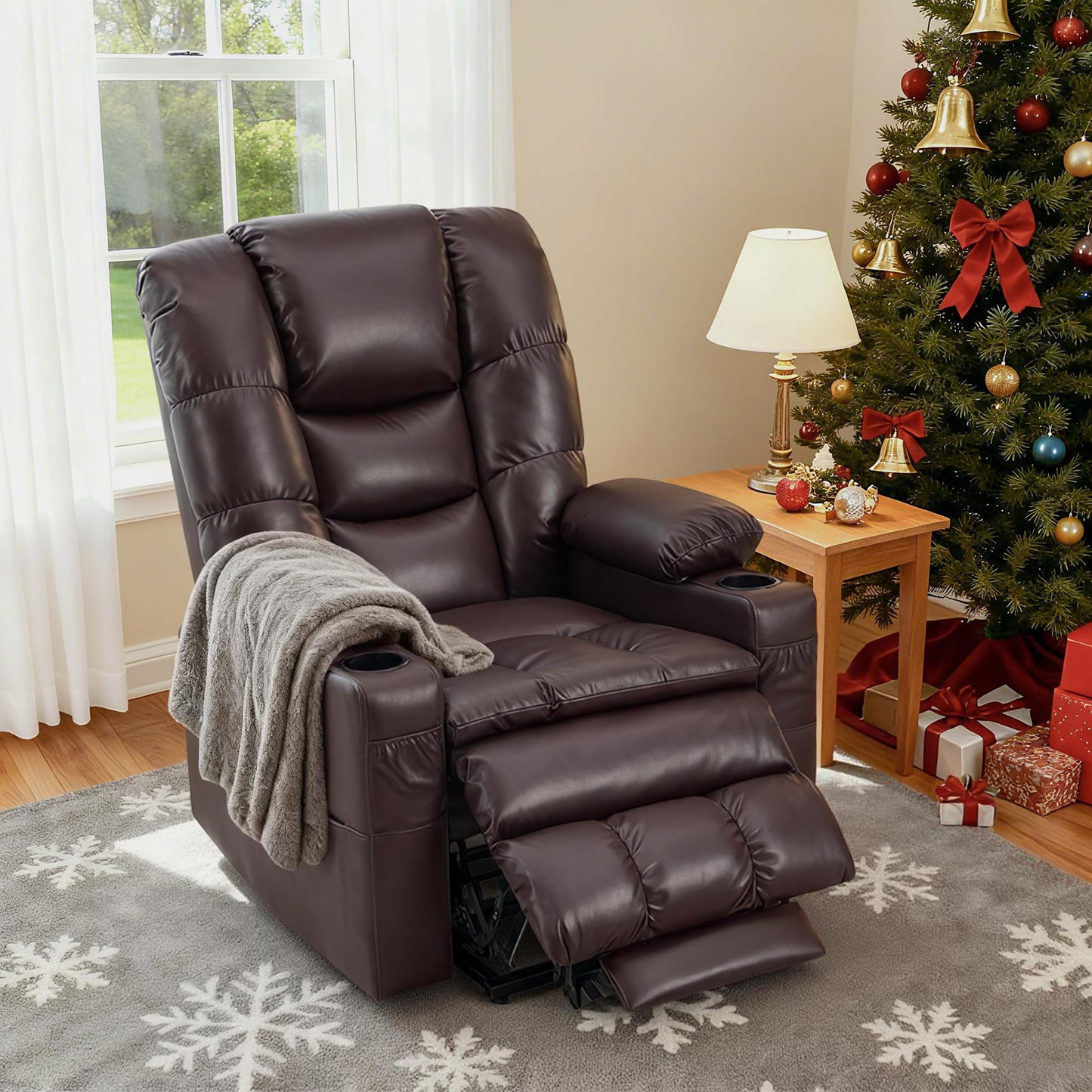 MCombo Large Triple Motor Power Lift Recliner Chair with Massage and Dual Heating, Adjustable Headrest for Tall Elderly People, Faux Leather 7634 (Dark Brown, Large)