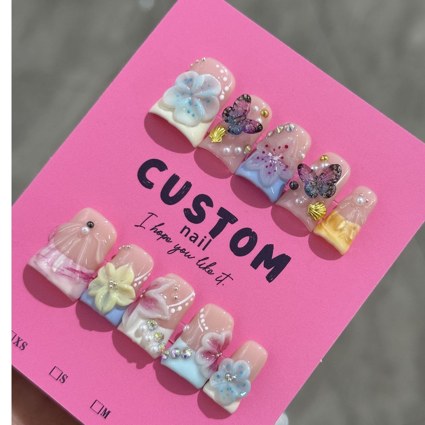 Duckbill Shape Handmade Press on Nails Kit French Flower Nails with 3D Butterfly Pearl Designs Glossy Fake Nails Elegant Short Duck Fake Nail Salon Quality Stick on Nail for Women (M)