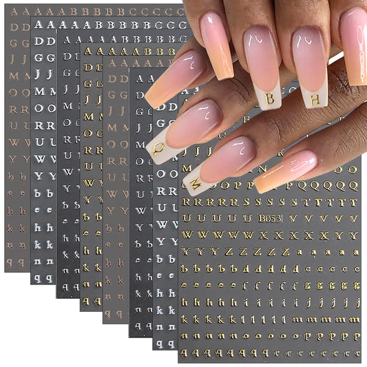 8 Sheets Letter Nail Design Stickers - 3D Self-Adhesive Nail Art Stickers in Black, White, Gold, Silver - English Letters Nail Decals for Women and Girls - DIY Nail Decor