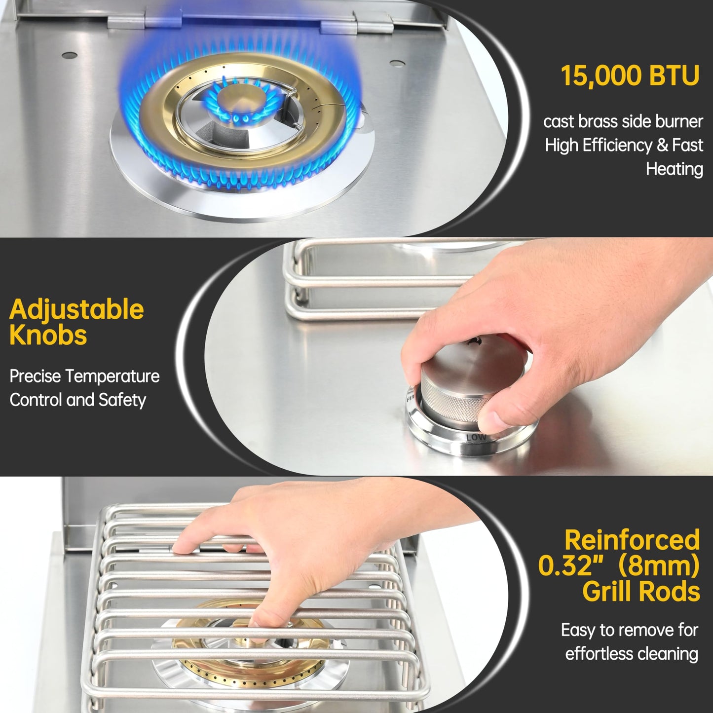Single Grilling Side Burner, 15,000BTU Natural Gas for Outdoor Kitchen, Heavy-Duty 304 Stainless Steel, Convertible to Liquid Propane, Built-in Single Side Burner for BBQ Grill Island