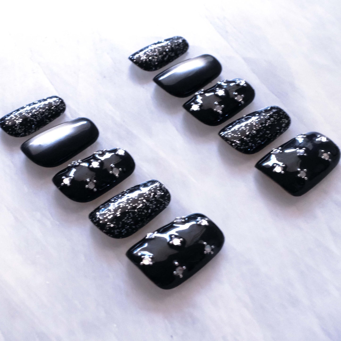 BlackStar - Handmade Press on Nails, Black Starry Sky with Cat Eye, Rhinestone Bling, Medium Ballerina Shape, 10 Pieces (Small Size, MB)
