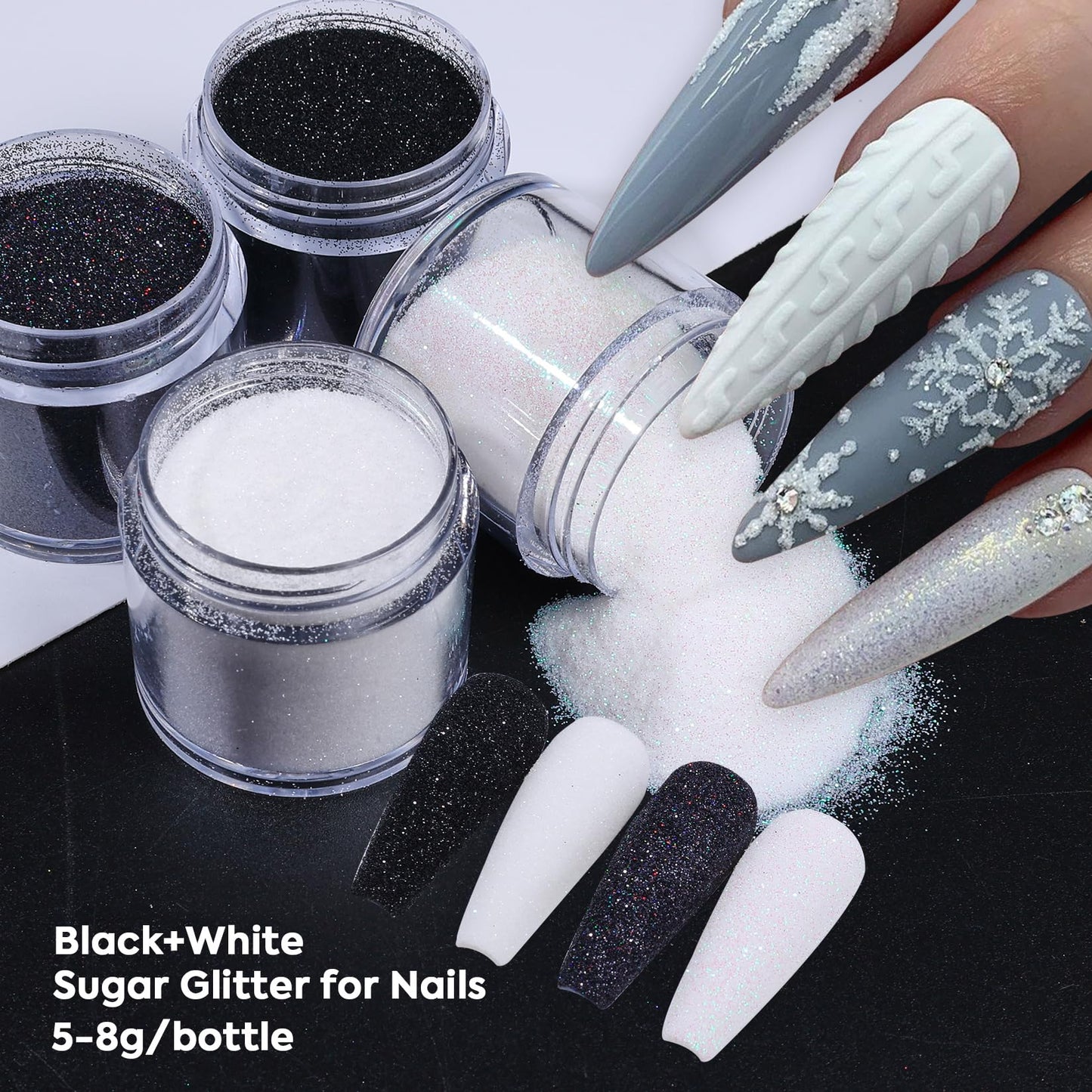 Sugar Glitter Powder for Nails, 4pcs White Black Candy Coat Effect Nail Supplies Fine Dipping Powder Shiny Shimmer Pigment Manicure Nail Glitter Dust Decoration DIY for Valentine's Day Hearts