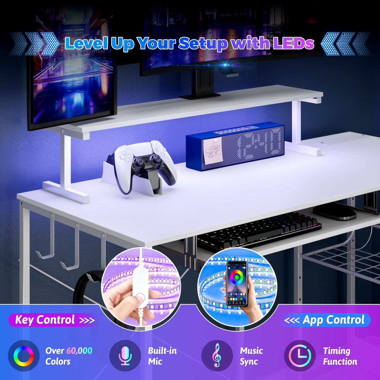 BORNOON Computer Desk, L Shaped Gaming Desk with Monitor Stand & Storage Shelf & LED Light & USB Power Outlet, Reversible Shelves Corner Table with Keyboard Tray for Gaming, Home Office, Study