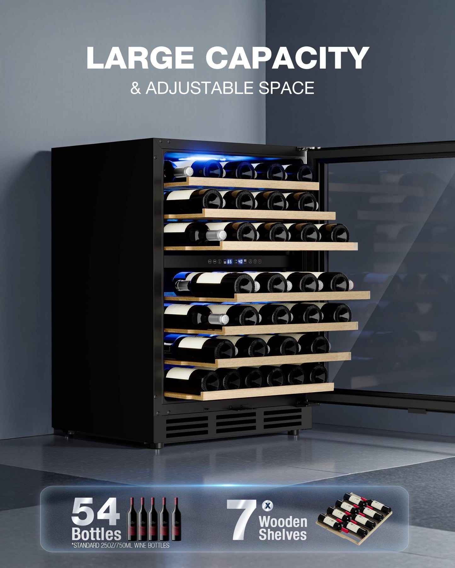 24 Inch Dual Zone Wine Fridge, 55-Bottle Wine Fridge Under Counter with Glass Door for Built-In or Freestanding, Wine Cooler Refrigerator with Removable Wooden Shelves, for Home/Bar/Office (Black)