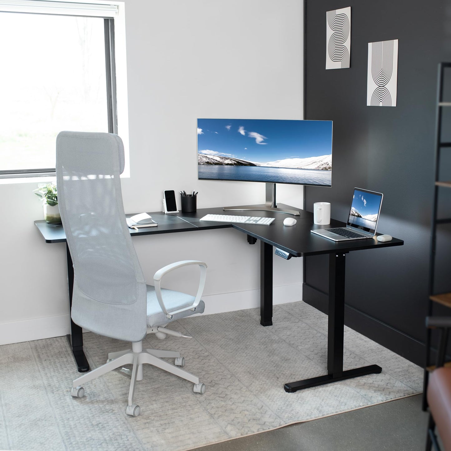 VIVO Corner Standing Desk, 63 x 55 inch Reversible L-Shaped Workstation, Electric Height Adjustment, Home, Office, and Reception Rooms, Black Table Top Black Frame, DESK-E3CTB