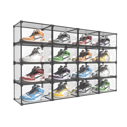 KOKOIN Transparent Plastic Storage Clear Shoe Display Case Box Organizer - Magnetic Side Open, 16PC (Black)