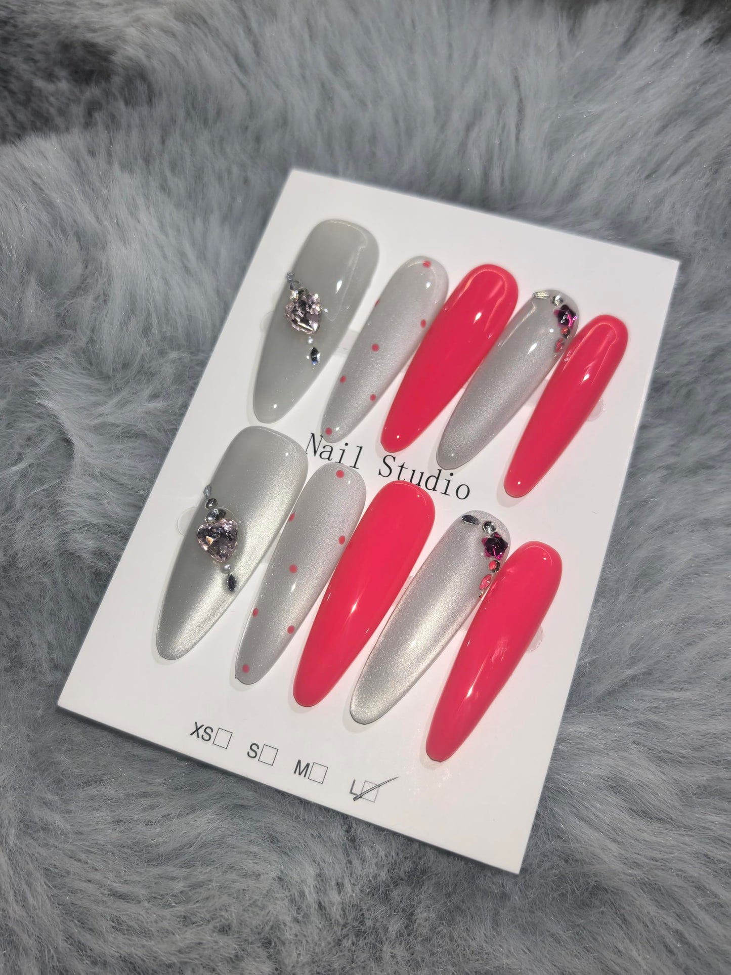 Glam Silver Coral Press On Nails, Heart Rhinestone Embellished Extra Long Stiletto Fake Nails, Reusable Manicure Set (M)
